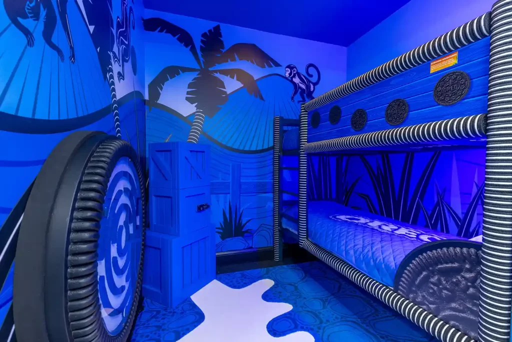 Oreo enthusiasts can now stay in an Oreo-themed hotel room at Chessington World of Adventures Resort, featuring a double stuffed bed, milk-inspired floors, and Oreo-styled decor.