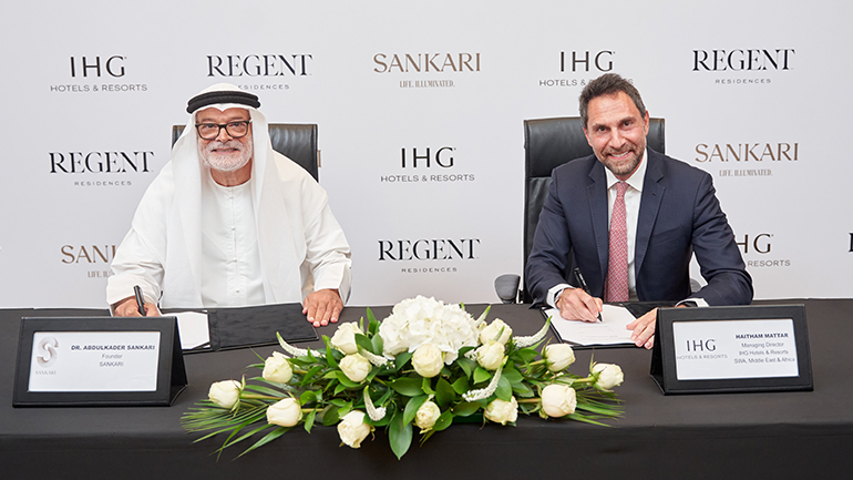 IHG Hotels & Resorts partners with Sankari to launch Regent Residences Dubai, offering 63 luxury units and 10 floating homes in Marasi Marina, set to open by late 2027.