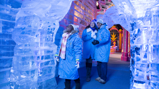 The ICE! holiday attraction returns to Gaylord Hotels and JW Marriott San Antonio, featuring iconic hand-carved ice scenes from Christmas classics like *The Polar Express™* and *A Charlie Brown Christmas*.