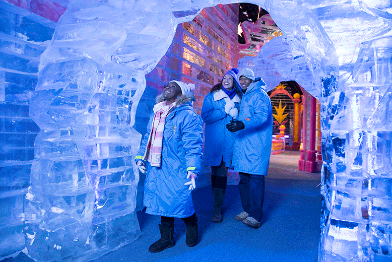 The ICE! holiday attraction returns to Gaylord Hotels and JW Marriott San Antonio, featuring iconic hand-carved ice scenes from Christmas classics like *The Polar Express™* and *A Charlie Brown Christmas*.